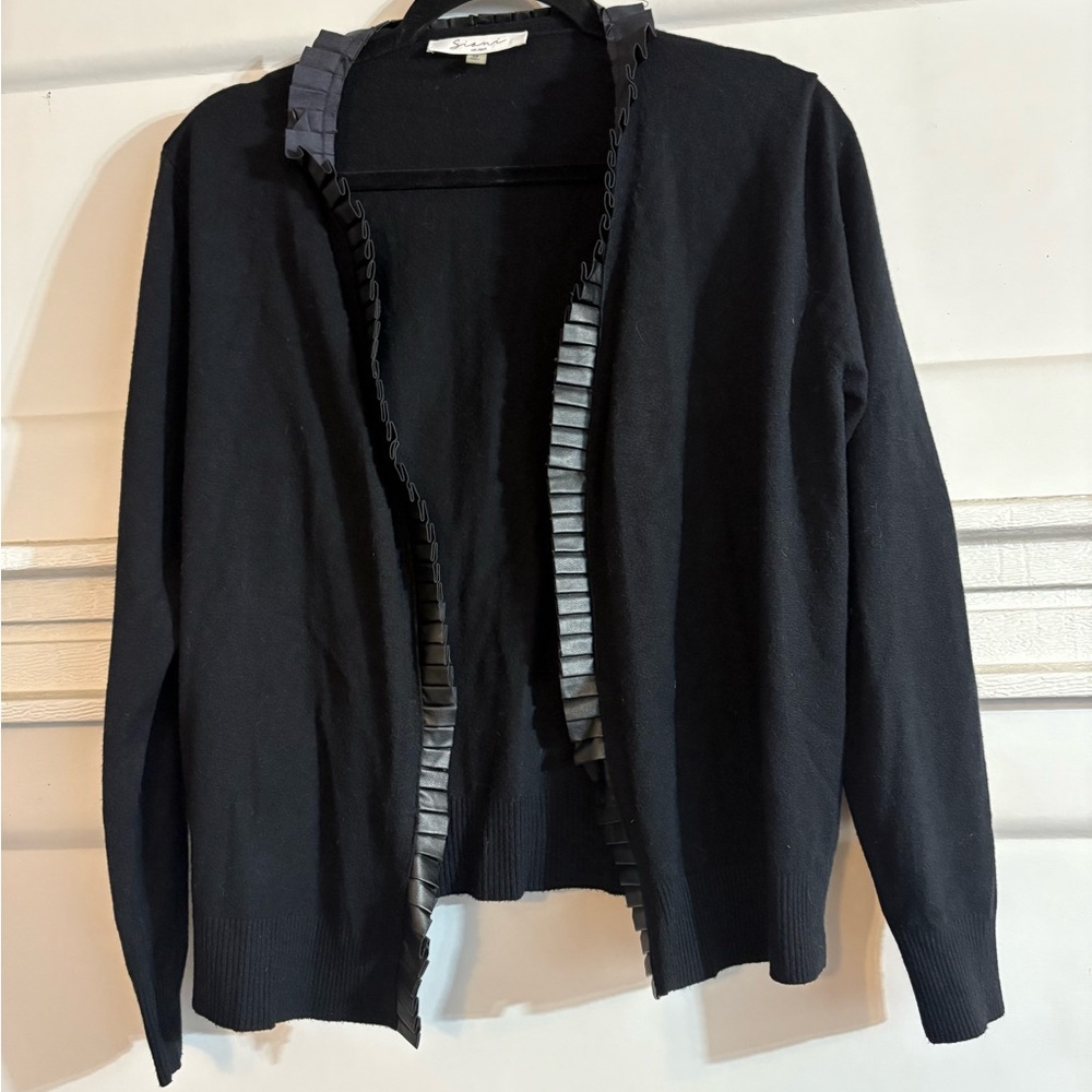 Black Cardigan with faux leather Ruffle Trim